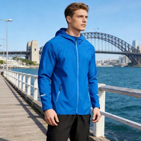 Unisex Full Zip Hooded Athletic Jacket Lightweight Spring Fall Running Coat With Reflective Stripes Side Zip Pockets in Kuwait