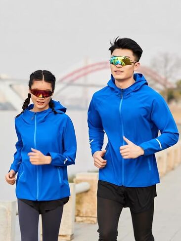 Unisex Full Zip Hooded Athletic Jacket Lightweight Spring Fall Running Coat With Reflective Stripes Side Zip Pockets in Kuwait