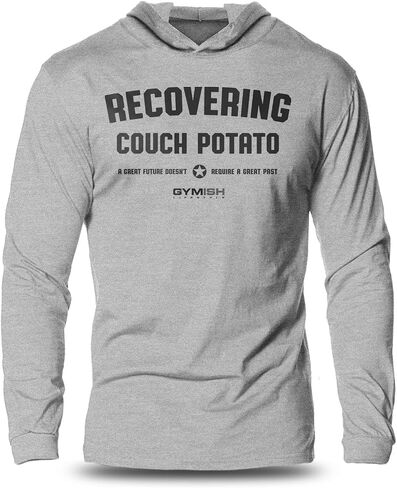 Gymish Lifestyle Funny Saying Recovering Couch Potato Workout Long Sleeves Hooded for Gym Men in Kuwait