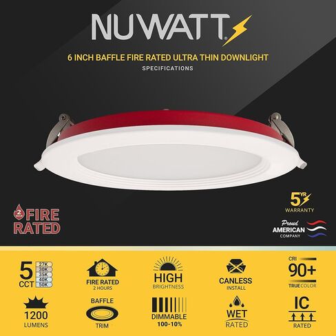 NUWATT إضاءة مجوفة مقاومة للحريق لمدة ساعتين مقاس 6 بوصة، 15 وات، 1200LM قابلة للتعتيم، 2700K/3000K/3500K/4000K/5000K قابلة للاختيار، تصنيف رطب وIC، 90CRI، مصابيح LED ويفر 6 بوصة، ETL، لا حاجة إلى Tenmat، 6 عبوات in Kuwait
