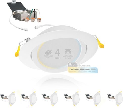 NUWATT 4 بوصة Gimbal LED إضاءة غائرة، 5CCT 2700K/3000K/3500K/4000K/5000K قابلة للاختيار، 630 لومن، قابلة للتعديل، أضواء مقلة العين بدون علبة قابلة للتعديل للأسقف المائلة، صندوق توصيل معدني، 6 عبوات in Kuwait