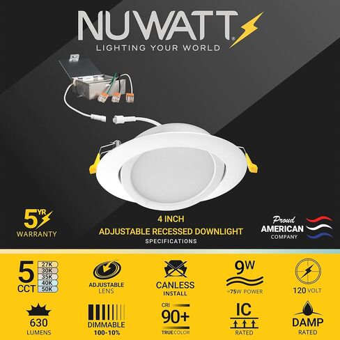 NUWATT 4 بوصة Gimbal LED إضاءة غائرة، 5CCT 2700K/3000K/3500K/4000K/5000K قابلة للاختيار، 630 لومن، قابلة للتعديل، أضواء مقلة العين بدون علبة قابلة للتعديل للأسقف المائلة، صندوق توصيل معدني، 6 عبوات in Kuwait