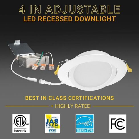 NUWATT 4 بوصة Gimbal LED إضاءة غائرة، 5CCT 2700K/3000K/3500K/4000K/5000K قابلة للاختيار، 630 لومن، قابلة للتعديل، أضواء مقلة العين بدون علبة قابلة للتعديل للأسقف المائلة، صندوق توصيل معدني، 6 عبوات in Kuwait