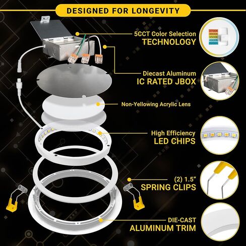 NUWATT 4 بوصة Gimbal LED إضاءة غائرة، 5CCT 2700K/3000K/3500K/4000K/5000K قابلة للاختيار، 630 لومن، قابلة للتعديل، أضواء مقلة العين بدون علبة قابلة للتعديل للأسقف المائلة، صندوق توصيل معدني، 6 عبوات in Kuwait