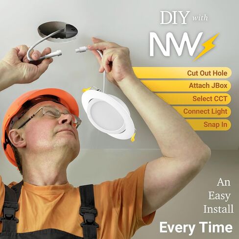NUWATT 4 بوصة Gimbal LED إضاءة غائرة، 5CCT 2700K/3000K/3500K/4000K/5000K قابلة للاختيار، 630 لومن، قابلة للتعديل، أضواء مقلة العين بدون علبة قابلة للتعديل للأسقف المائلة، صندوق توصيل معدني، 6 عبوات in Kuwait