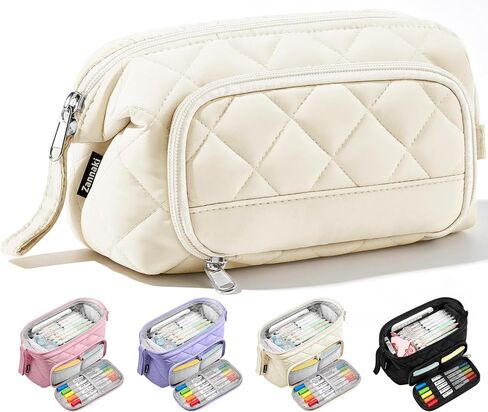 Zannaki Soft Quilted Gare Pency Bess Organizer مع فتحة واسعة للفتيات الفتيات المراهقين - حقيبة قلم قلم كبيرة جدًا مع سحاب ، صندوق قلم رصاص محمول للمدرسة ، الكلية ، هدية مستحضرات التجميل in Kuwait