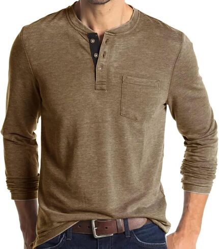سويت شيرت رجالي بأكمام طويلة من Henley بطبقة أساسية كاجوال بياقة دائرية ناعمة ومسامية ومناسبة للعمل والسفر in Kuwait