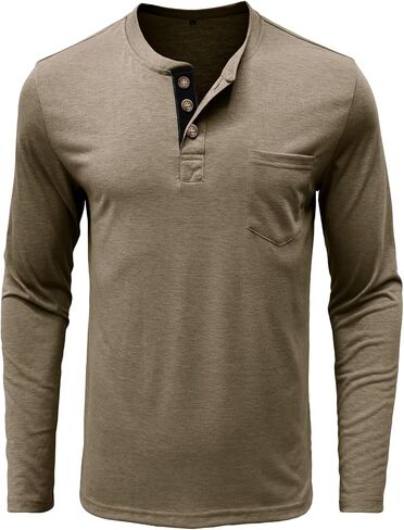 سويت شيرت رجالي بأكمام طويلة من Henley بطبقة أساسية كاجوال بياقة دائرية ناعمة ومسامية ومناسبة للعمل والسفر in Kuwait