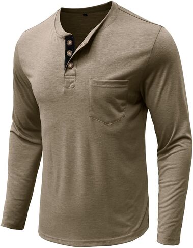 سويت شيرت رجالي بأكمام طويلة من Henley بطبقة أساسية كاجوال بياقة دائرية ناعمة ومسامية ومناسبة للعمل والسفر in Kuwait