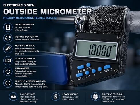 Accusize Industrial Tools 2-3''/50-75 mm by 0.00005''/0.001 mm 7-Key Electronic Digital Micrometer, Water Proof, Ac21-3022 | IP54 Rated, 0.00005"/0.001 mm Resolution, 7-Key, ±0.002" Accuracy in Kuwait