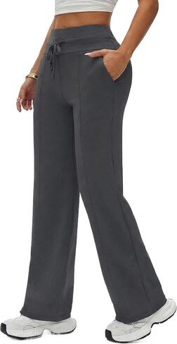 Women's Drawstring Flare Yoga Pants with Pockets Leggings | High waisted adjustable drawstring waistband provides a personalized fit, with pockets for everyday convenience. in Kuwait