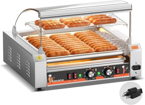 11-Roller Commercial Hot Dog Roller Machine, Sausage Grill with Glass Hood, Front Door & Warming Rack, Chain-Driven, 304 SS Rollers, 110V in Saudi Arabia