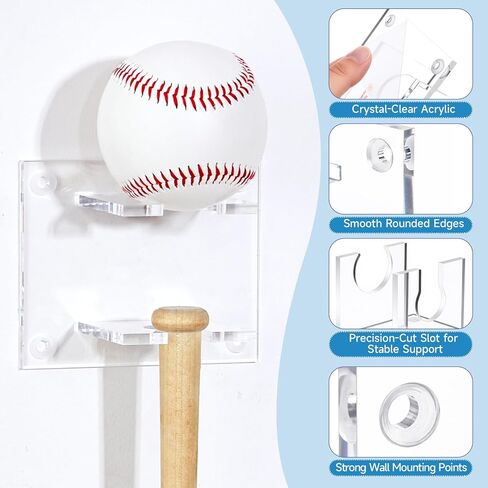 Threehoney Baseball Bat Wall Mount Ball Holder Display Rack Hanger Clear Acrylic Vertical Rack Narrowest Opening 0.75" for Baseball Softball Hockey Bat Ball Storage, 3.56"x4.375"x2.56" in Kuwait