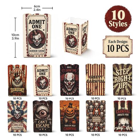 100 Pcs 10 Styles Halloween Creepy Clown Popcorn Boxes Cardboard Popcorn Bags Snack Boxes Spooky Treat Bags for Candy Biscuits Party Favors Halloween Movie Night Supplies Party Supplies in Kuwait
