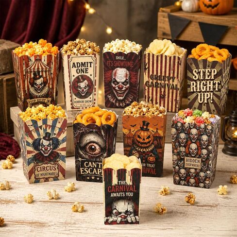 100 Pcs 10 Styles Halloween Creepy Clown Popcorn Boxes Cardboard Popcorn Bags Snack Boxes Spooky Treat Bags for Candy Biscuits Party Favors Halloween Movie Night Supplies Party Supplies in Kuwait