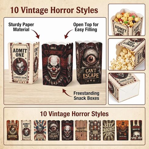 100 Pcs 10 Styles Halloween Creepy Clown Popcorn Boxes Cardboard Popcorn Bags Snack Boxes Spooky Treat Bags for Candy Biscuits Party Favors Halloween Movie Night Supplies Party Supplies in Kuwait