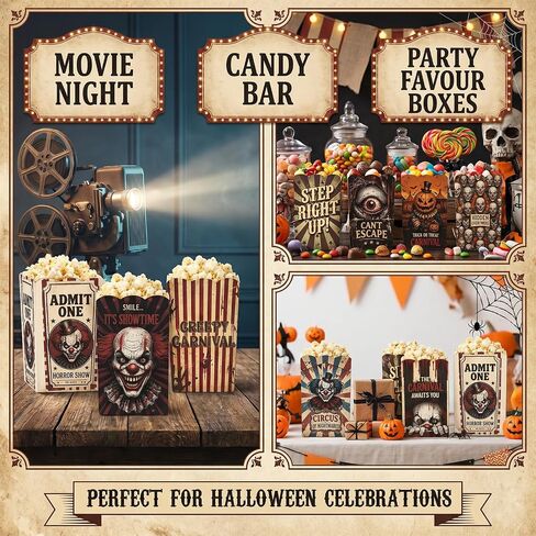 100 Pcs 10 Styles Halloween Creepy Clown Popcorn Boxes Cardboard Popcorn Bags Snack Boxes Spooky Treat Bags for Candy Biscuits Party Favors Halloween Movie Night Supplies Party Supplies in Kuwait