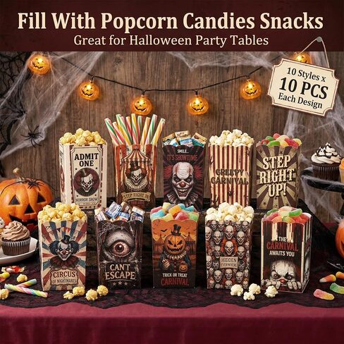 100 Pcs 10 Styles Halloween Creepy Clown Popcorn Boxes Cardboard Popcorn Bags Snack Boxes Spooky Treat Bags for Candy Biscuits Party Favors Halloween Movie Night Supplies Party Supplies in Kuwait
