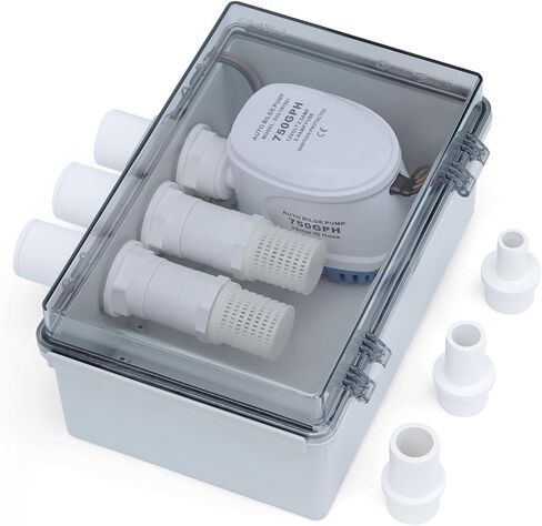 صندوق مضخة حوض الاستحمام الأوتوماتيكي 12 فولت، مضخة تصريف عالية التدفق Zuomeng 750GPH مع مصفاة ملولبة و3 محولات خرطوم (3/4 بوصة، 1 بوصة، 1-1/8 بوصة) لتصريف مياه الصرف الصحي للاستحمام بالقارب in Kuwait