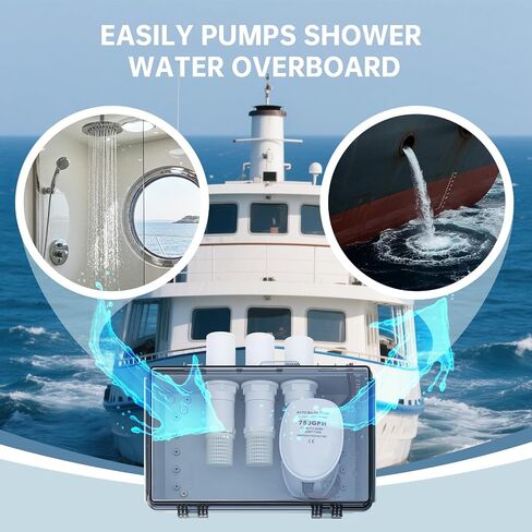 صندوق مضخة حوض الاستحمام الأوتوماتيكي 12 فولت، مضخة تصريف عالية التدفق Zuomeng 750GPH مع مصفاة ملولبة و3 محولات خرطوم (3/4 بوصة، 1 بوصة، 1-1/8 بوصة) لتصريف مياه الصرف الصحي للاستحمام بالقارب in Kuwait