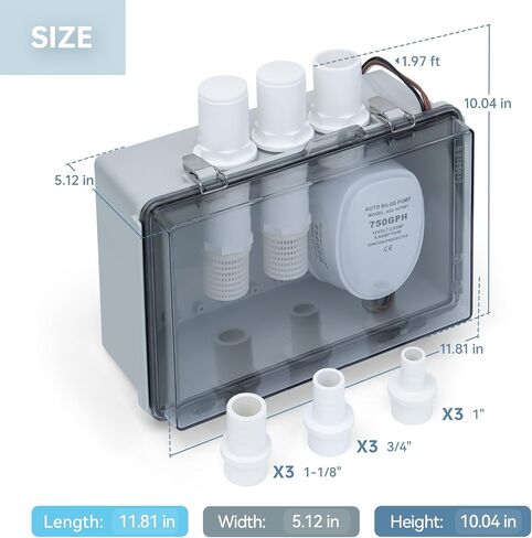 صندوق مضخة حوض الاستحمام الأوتوماتيكي 12 فولت، مضخة تصريف عالية التدفق Zuomeng 750GPH مع مصفاة ملولبة و3 محولات خرطوم (3/4 بوصة، 1 بوصة، 1-1/8 بوصة) لتصريف مياه الصرف الصحي للاستحمام بالقارب in Kuwait