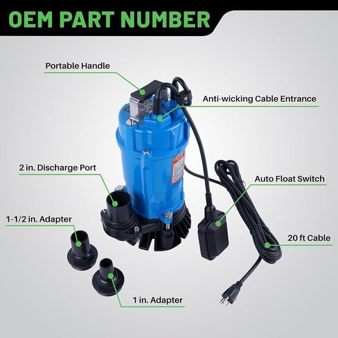 مضخة قمامة غاطسة HSZ2.4S مع مفتاح تعويم تلقائي، تفريغ 2 بوصة 1/2 HP 115V 53GPM، بديلة لمضخة مياه الصرف الصحي Tsurumi in Kuwait
