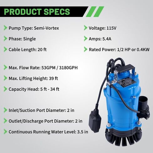 مضخة قمامة غاطسة HSZ2.4S مع مفتاح تعويم تلقائي، تفريغ 2 بوصة 1/2 HP 115V 53GPM، بديلة لمضخة مياه الصرف الصحي Tsurumi in Kuwait