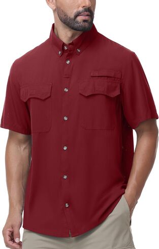 Roadbox Men's Fishing Shirts Short Sleeve Sun Protection Button Down Quick Dry Cooling Hiking Shirt for Travel Safari Camping in Kuwait