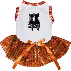 Petitebella Sequins Black Cats Puppy Dog Dress (White/Orange Sequins, X-Small) in Saudi Arabia