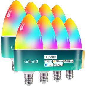 مصابيح الإضاءة الذكية Linkkind Matter، لمبة E12 LED متوافقة مع Alexa، مصابيح ذكية 500LM للثريا، مصابيح شمعدان RGBTW متغيرة الألوان، 2.4 جيجا هرتز واي فاي فقط، عبوتان in Kuwait