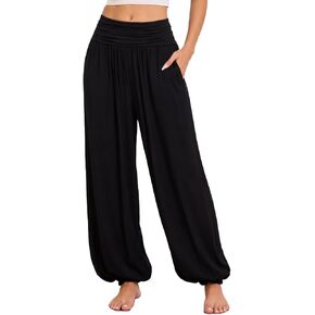 BAISHENGGT Yoga Pants for Womens Color Contrast Ruched Elastic High Waist Flowy Hippie Boho Harem Trousers with Pockets in Saudi Arabia