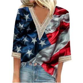 V Neck Tops for Women 3/4 Sleeve Lace Elegant Shirts Patriotic Graphic Print Casual Blouses Tees in Kuwait