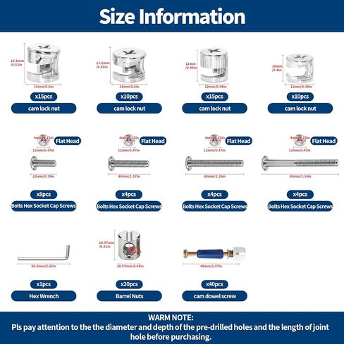 121Pcs Furniture Screws Replacement Set W M6x20mm/40mm/60mm/80mm Bed Frame Bolts, Barrel Nuts and 3 in 1 Cam Connector Fittings for Drawer Dresser Cabinet Bed in Kuwait
