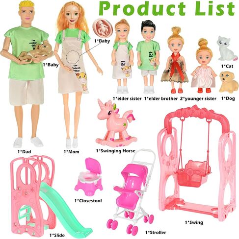 ebuddy family dolls playset مع الأرجوحة الشريحة وعربة الأطفال - 7 أشخاص ، حيوانات أليفة وملحقات لمدة 3-12 سنة هدية طفل صغير in Kuwait