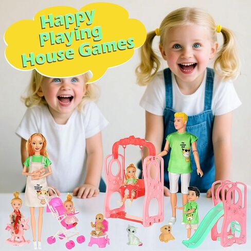 ebuddy family dolls playset مع الأرجوحة الشريحة وعربة الأطفال - 7 أشخاص ، حيوانات أليفة وملحقات لمدة 3-12 سنة هدية طفل صغير in Kuwait