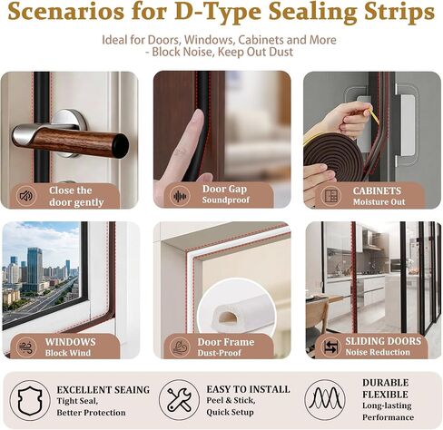 Weather Stripping Door Seal,Soft Foam Insulation Strip, D-Shaped Soundproof Energy Saving Weather Stripping for Doors Windows Cabinets, 18Ft Self-Adhesive Door Frame Weather Seal with Black in Kuwait