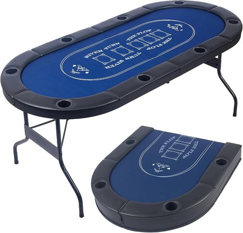 8 Player Foldable Poker Table | 71 inch Folding Texas Holdem Casino Leisure Table with Padded Rails and Cup Holders | Oval Portable Game Table with Casino Grade Felt for Home Game Room in Kuwait