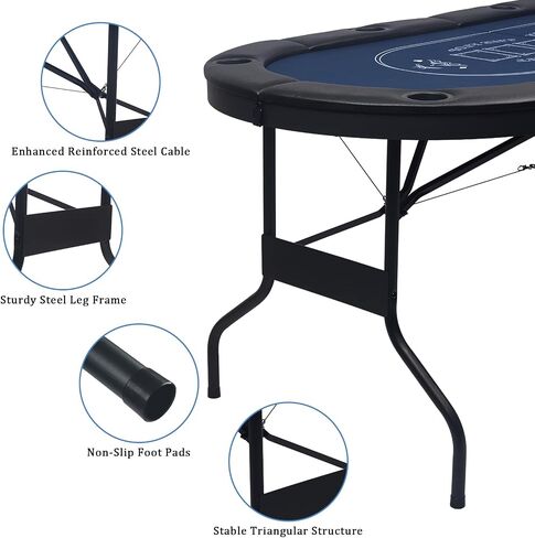 8 Player Foldable Poker Table | 71 inch Folding Texas Holdem Casino Leisure Table with Padded Rails and Cup Holders | Oval Portable Game Table with Casino Grade Felt for Home Game Room in Kuwait