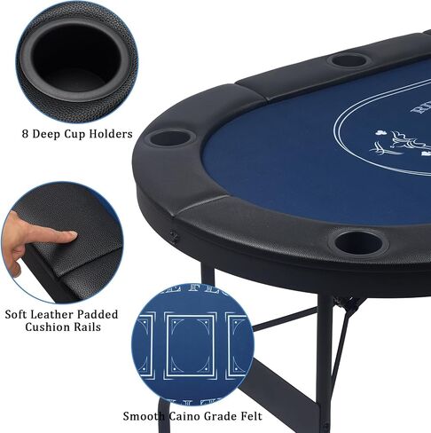 8 Player Foldable Poker Table | 71 inch Folding Texas Holdem Casino Leisure Table with Padded Rails and Cup Holders | Oval Portable Game Table with Casino Grade Felt for Home Game Room in Kuwait