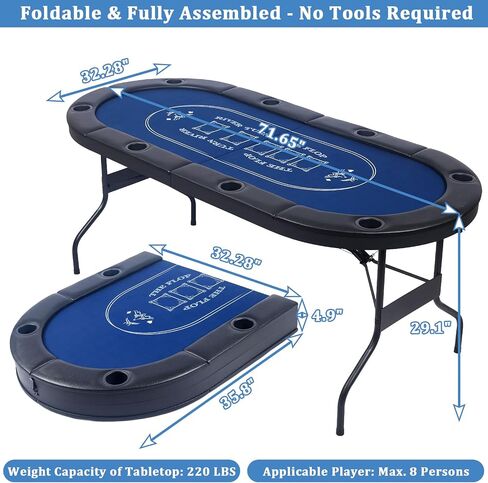 8 Player Foldable Poker Table | 71 inch Folding Texas Holdem Casino Leisure Table with Padded Rails and Cup Holders | Oval Portable Game Table with Casino Grade Felt for Home Game Room in Kuwait