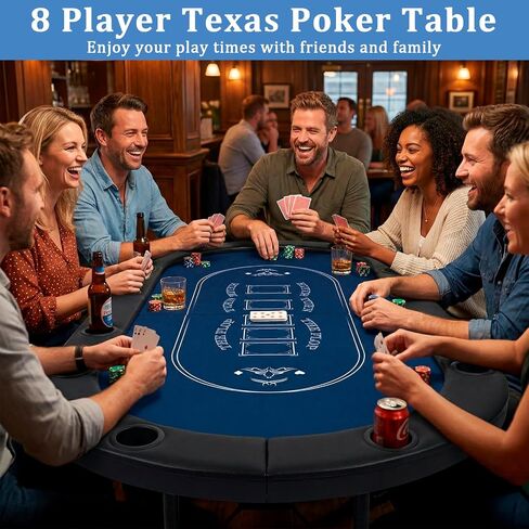 8 Player Foldable Poker Table | 71 inch Folding Texas Holdem Casino Leisure Table with Padded Rails and Cup Holders | Oval Portable Game Table with Casino Grade Felt for Home Game Room in Kuwait