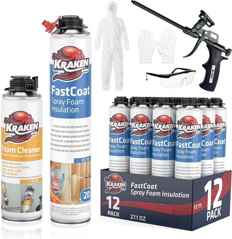 طقم عزل رغوي للرذاذ مقاوم للحريق من Kraken Bond Fastcoat - (48 × 27.1 أونصة.) (قيمة R 11.32 / 2 بوصة) رغوة توسيع الخلايا المغلقة - عزل حراري وصوتي، متضمن مسدس ومنظف، 960 قدمًا 48 حزمة in Kuwait