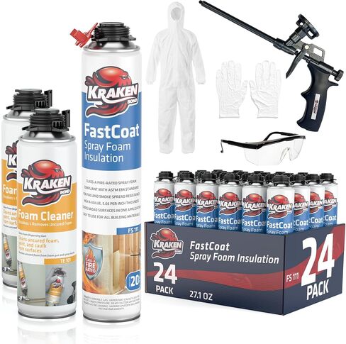 طقم عزل رغوي للرذاذ مقاوم للحريق من Kraken Bond Fastcoat - (48 × 27.1 أونصة.) (قيمة R 11.32 / 2 بوصة) رغوة توسيع الخلايا المغلقة - عزل حراري وصوتي، متضمن مسدس ومنظف، 960 قدمًا 48 حزمة in Kuwait