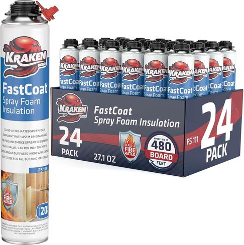 طقم عزل رغوي للرذاذ مقاوم للحريق من Kraken Bond Fastcoat - (48 × 27.1 أونصة.) (قيمة R 11.32 / 2 بوصة) رغوة توسيع الخلايا المغلقة - عزل حراري وصوتي، متضمن مسدس ومنظف، 960 قدمًا 48 حزمة in Kuwait