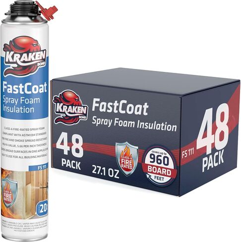 طقم عزل رغوي للرذاذ مقاوم للحريق من Kraken Bond Fastcoat - (48 × 27.1 أونصة.) (قيمة R 11.32 / 2 بوصة) رغوة توسيع الخلايا المغلقة - عزل حراري وصوتي، متضمن مسدس ومنظف، 960 قدمًا 48 حزمة in Kuwait