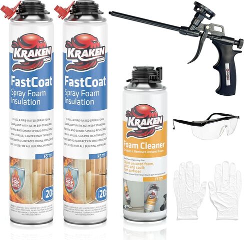 طقم عزل رغوي للرذاذ مقاوم للحريق من Kraken Bond Fastcoat - (48 × 27.1 أونصة.) (قيمة R 11.32 / 2 بوصة) رغوة توسيع الخلايا المغلقة - عزل حراري وصوتي، متضمن مسدس ومنظف، 960 قدمًا 48 حزمة in Kuwait