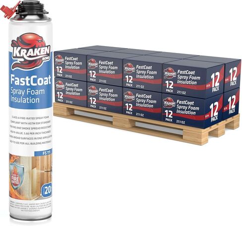 طقم عزل رغوي للرذاذ مقاوم للحريق من Kraken Bond Fastcoat - (48 × 27.1 أونصة.) (قيمة R 11.32 / 2 بوصة) رغوة توسيع الخلايا المغلقة - عزل حراري وصوتي، متضمن مسدس ومنظف، 960 قدمًا 48 حزمة in Kuwait