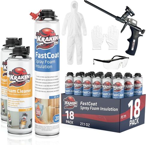 طقم عزل رغوي للرذاذ مقاوم للحريق من Kraken Bond Fastcoat - (48 × 27.1 أونصة.) (قيمة R 11.32 / 2 بوصة) رغوة توسيع الخلايا المغلقة - عزل حراري وصوتي، متضمن مسدس ومنظف، 960 قدمًا 48 حزمة in Kuwait