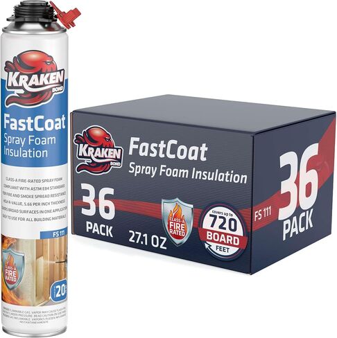طقم عزل رغوي للرذاذ مقاوم للحريق من Kraken Bond Fastcoat - (48 × 27.1 أونصة.) (قيمة R 11.32 / 2 بوصة) رغوة توسيع الخلايا المغلقة - عزل حراري وصوتي، متضمن مسدس ومنظف، 960 قدمًا 48 حزمة in Kuwait