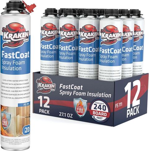 طقم عزل رغوي للرذاذ مقاوم للحريق من Kraken Bond Fastcoat - (48 × 27.1 أونصة.) (قيمة R 11.32 / 2 بوصة) رغوة توسيع الخلايا المغلقة - عزل حراري وصوتي، متضمن مسدس ومنظف، 960 قدمًا 48 حزمة in Kuwait
